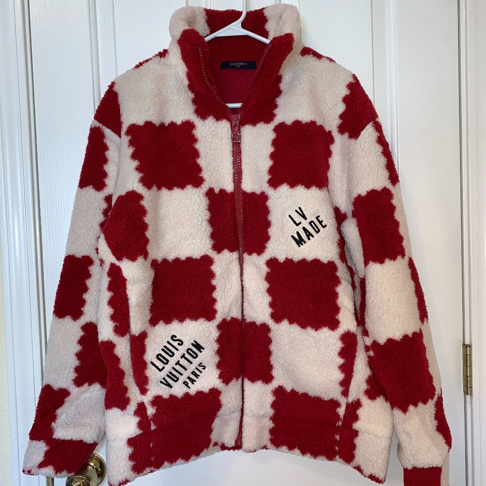 LOUIS VUITTON Giant Damier Red/White Fleece Sweater -Size Medium- Retail $1,860